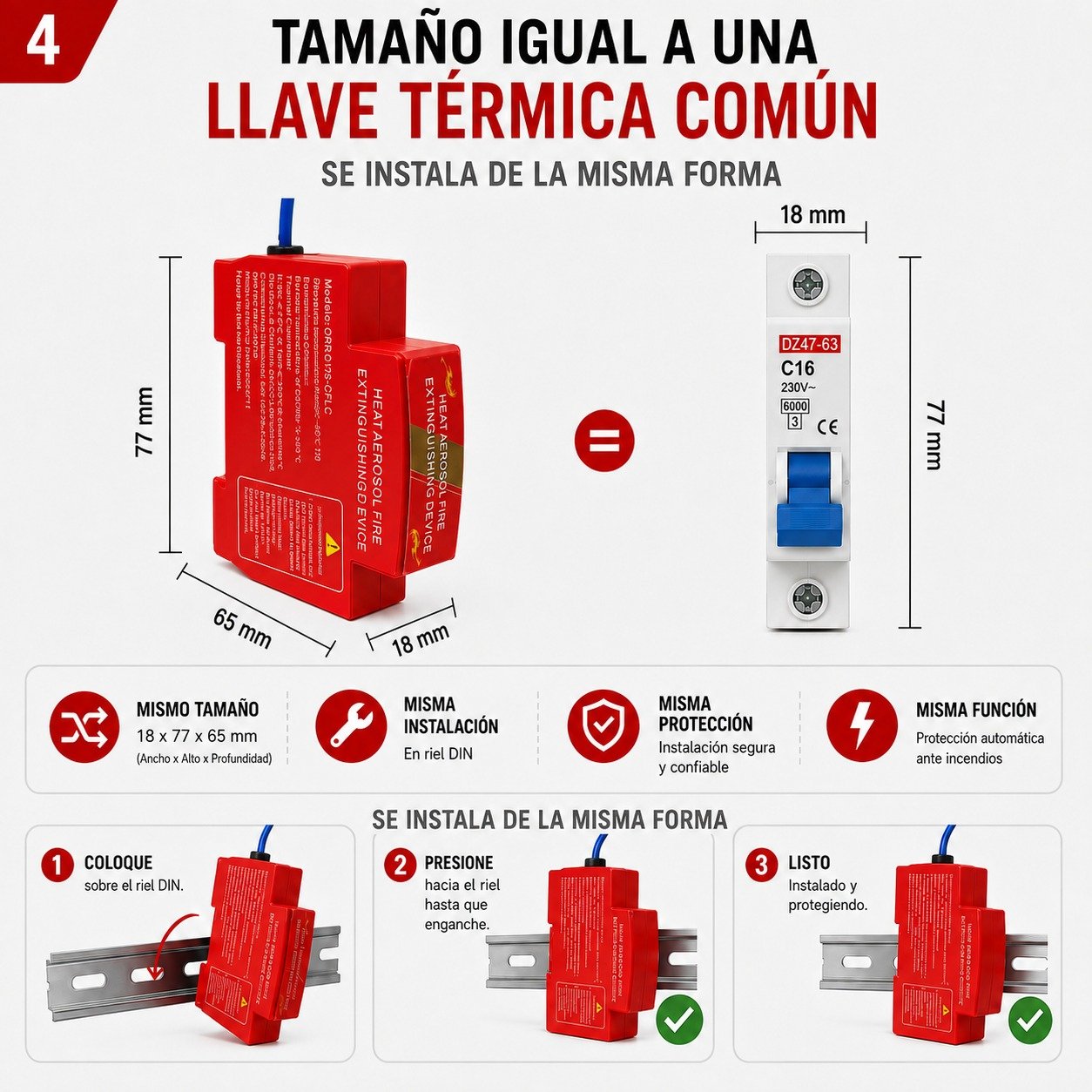 Comparativa de tamaño e instalación del extintor automático